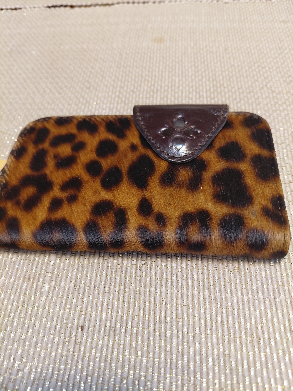 Patricia Nash Leopard Print Faux Fur Zip Card Holder with Dark Brown Flap